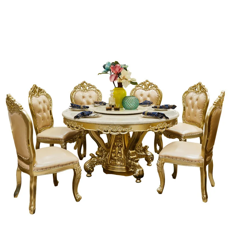 

European round dining table and chair combination full solid wood carving flower dining table French marble round dining