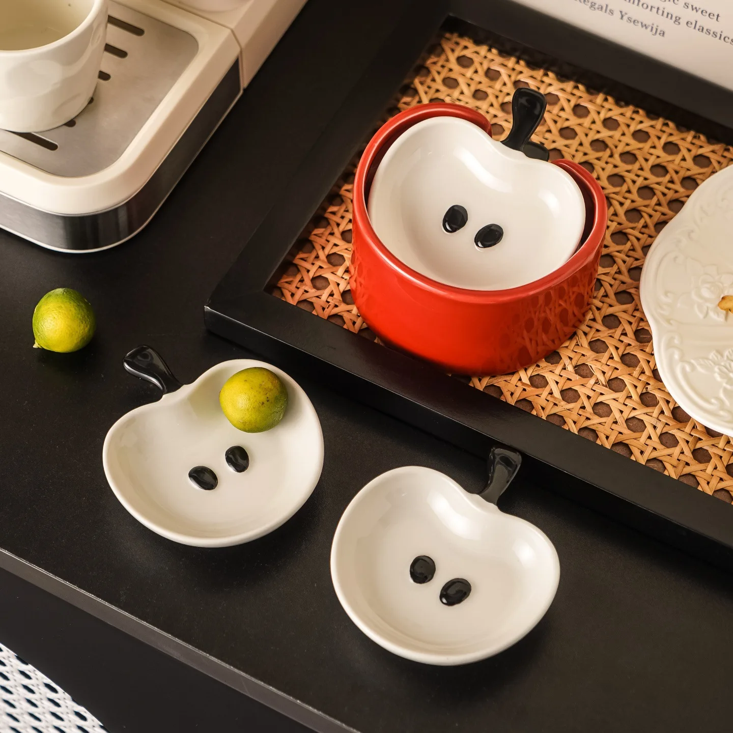 Juego de Platos para Salsas en Forma de Manzana – Tazón de Cerámica para Sushi, Dumplings, Condimentos, Plato de Condimentos de Alta Gama para Mesa