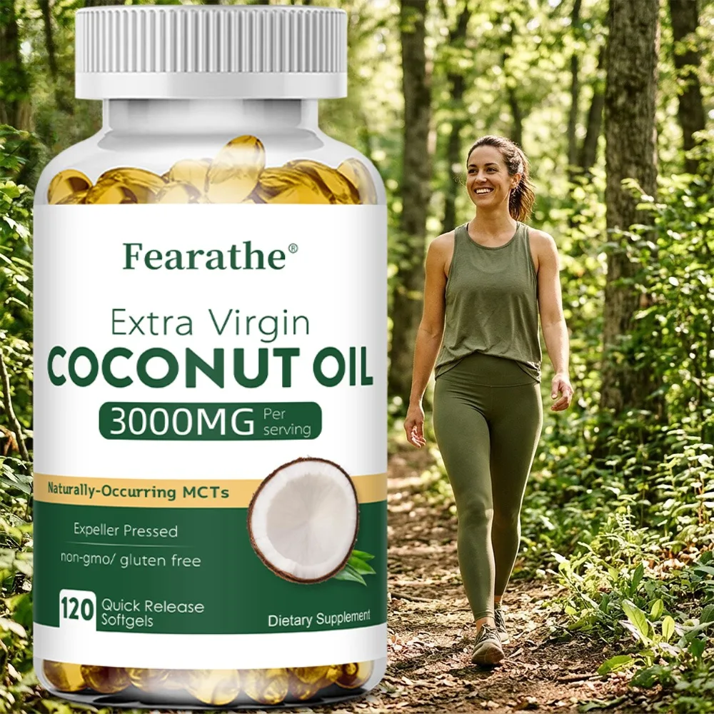 Organic Coconut Oil Capsules 3000mg, Non-GMO for Healthy Skin Nails Hair Growth Support, Bloating & Digestion