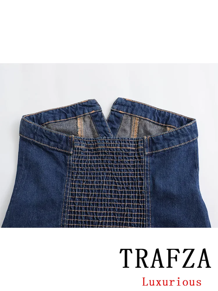 Trafza Vintage Damespak Denim Strapless Knoopzakken Slanke Topsjerpen Wijde Geplooide Korte Rok Nieuwe Mode 2024 Zomersets