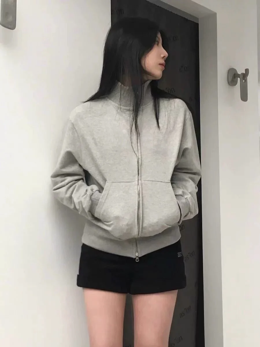 

Ele Embroidered Letter Patch Zipper Hoodie Jaet Casual Versatile Stand Collar Top for Women Cotton Long Sve Winter Wear