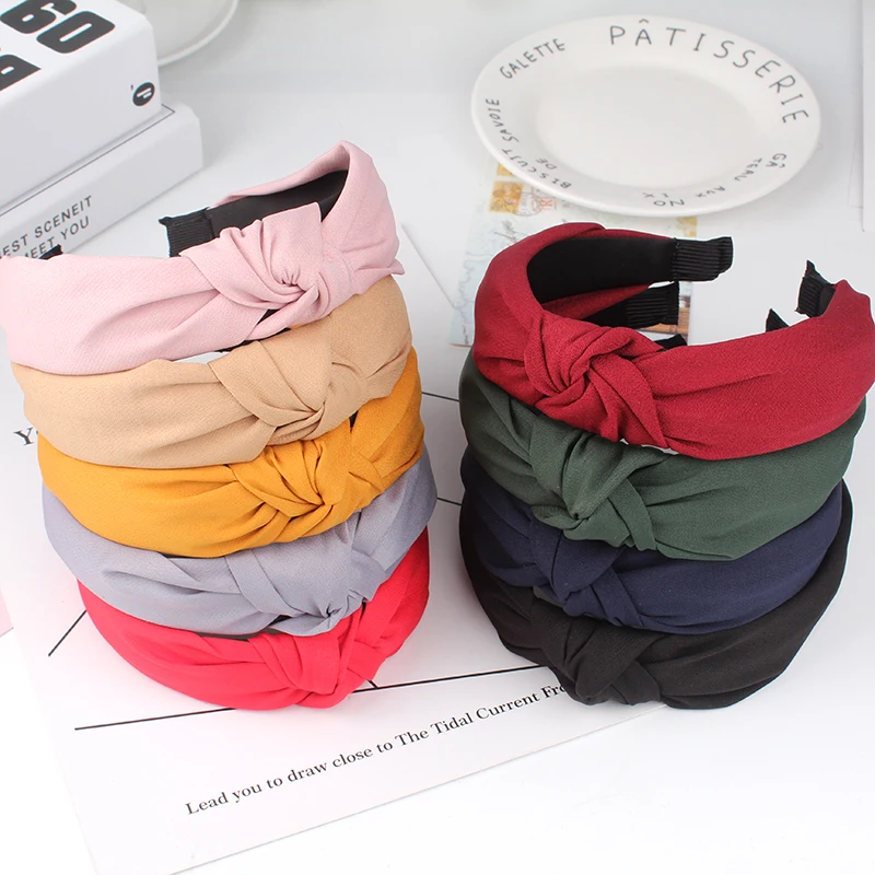 

High End Hair Accessories New Solid Color Fabric Knot Hair Hoop Headwear Wholesale Simple And Versatile Wide Edge Tie Headbands