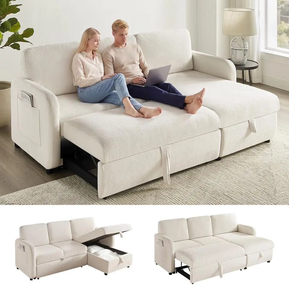 

Sleeper Sectional Sofa with Storage Chaise, 2in1 Cloud Terry Convertible LShaped Couch, Reversible PullOut Bed for Small Space,