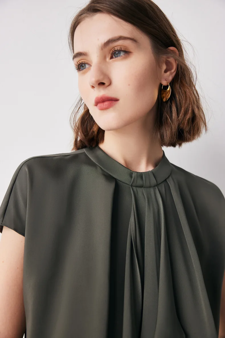 92% Natural Silk 10% Spandex Women's Blouse Stand Collar Short Sleeves Ruched Elegant Blouse Tops