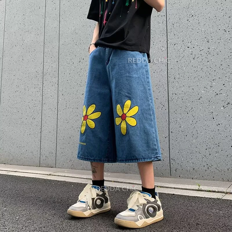 ReddaChic Summer Daisy Print Denim Shorts Men Low Rise Baggy Jorts Loose Casual Wide Leg Y2k Pants Cropped Jeans Vintage Clothes