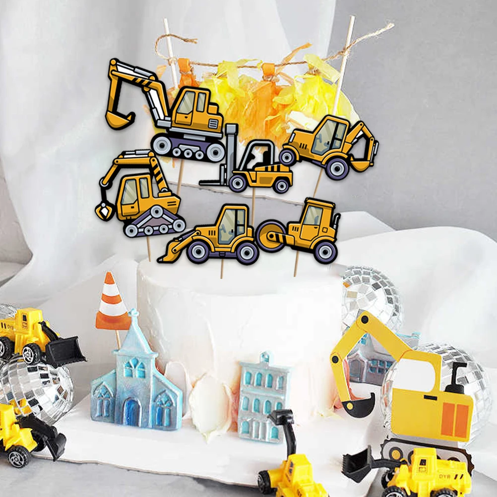 

18 Pcs Engineering Vehicle Cake Toppers Wood Construction Decorations Truck Cupcake Birthday Party Supplies Fruit Bowl
