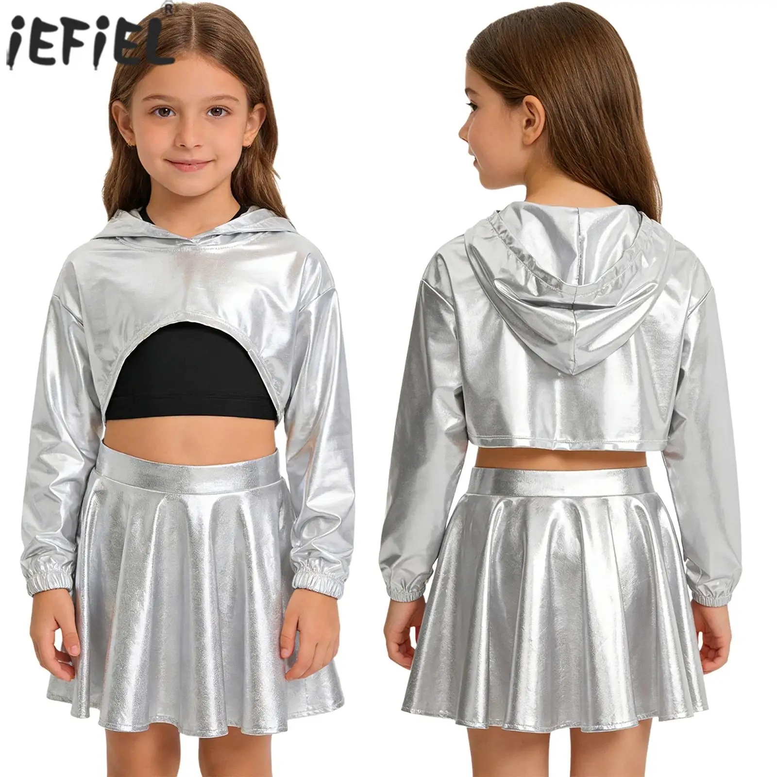 Kids Girls Hip-Hop Jazz Cheerleading Dance Costume Long Sleeve Metallic Shiny Hoodie Tops with Vest Skirt for Stage Performance