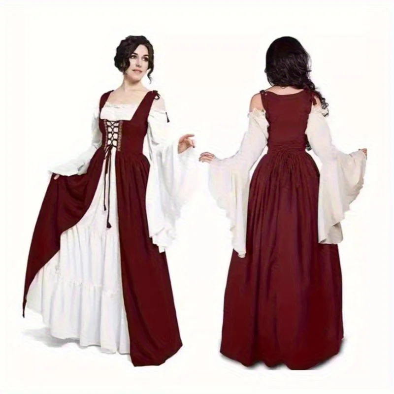 فستان تنكري للأميرة في العصور الوسطى للهالوين، فستان تنكري بخصر مربوط وياقة مربعة