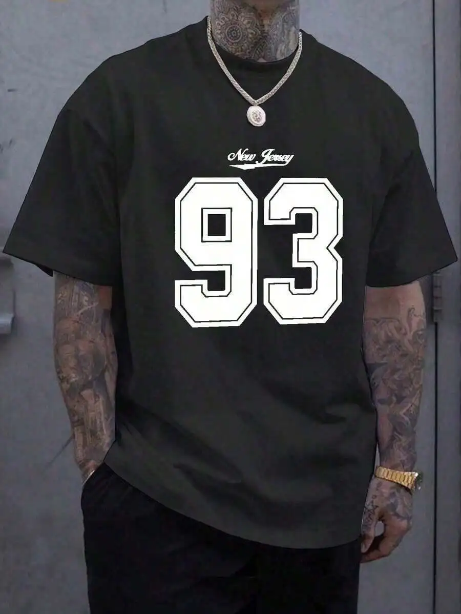 Manfinity Roughcore Men Plus Size Summer New York Letter Print Round Neck Short Sleeve Casual Athletic T-Shirt, For Going Out