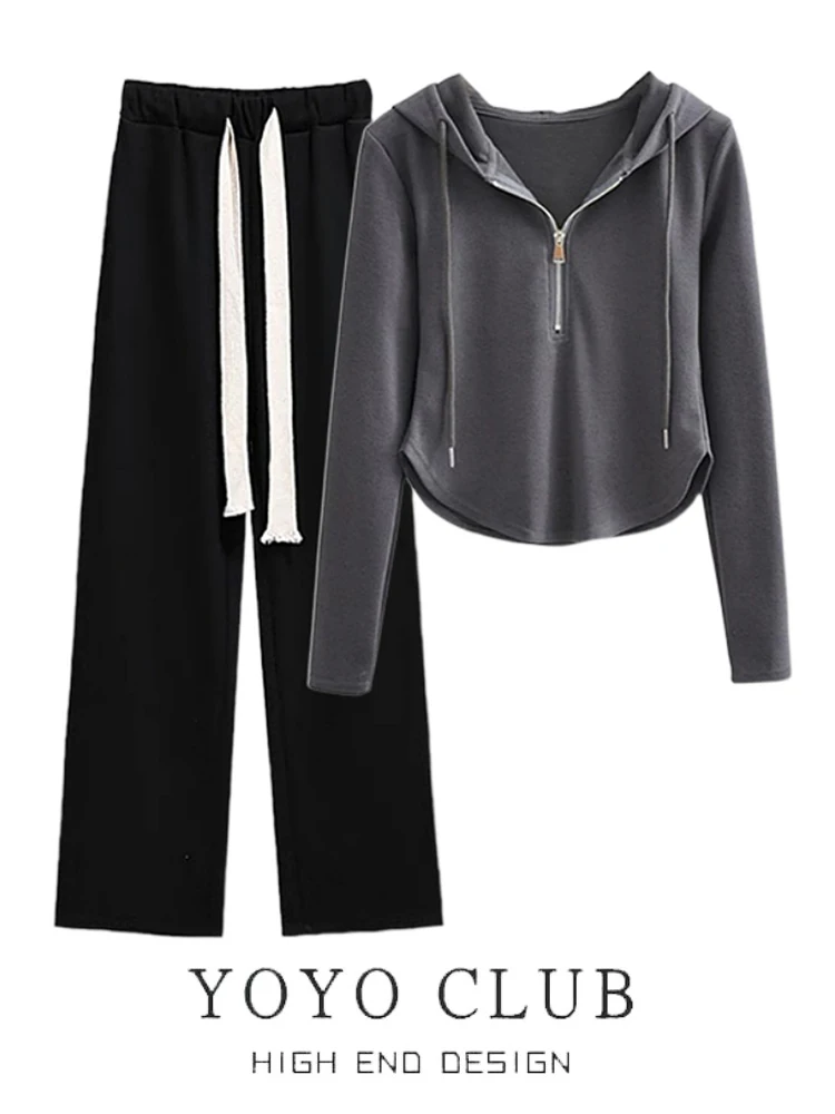 

Large Size Hoodie Long Sve Women's Sweatirt Set with Dstring Wide Leg Pants Autumn Faion Two-Piece Ensemble