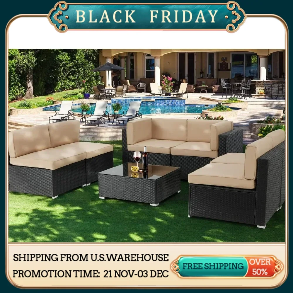 7 Piece Outdoor Patio Furniture Set, Black PE Rattan Wicker Sofa Set, Outdoor Sectional Furniture Chair Set with Khaki Cushions