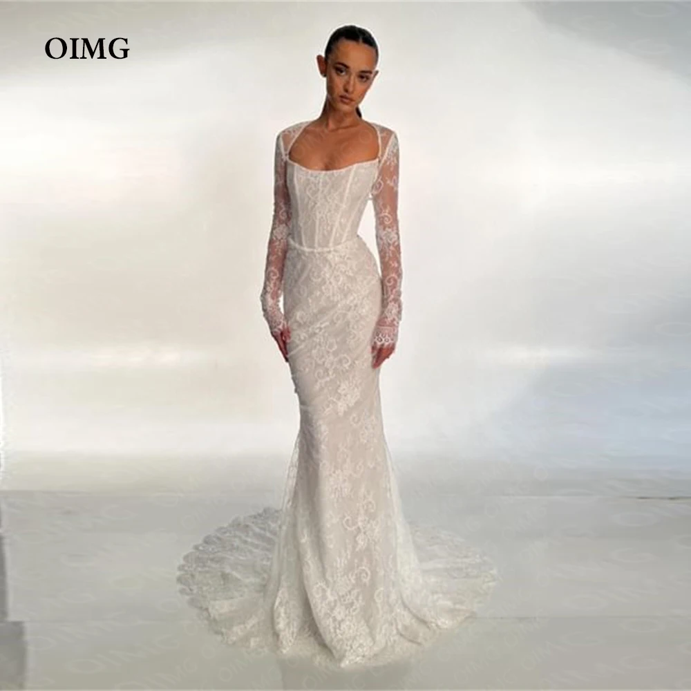 

OIMG Elegant Long Lace Mermaid Wedding Dresses Detachable Long Sleeves Strapless Formal Princess Bride Bridal Dress Gowns