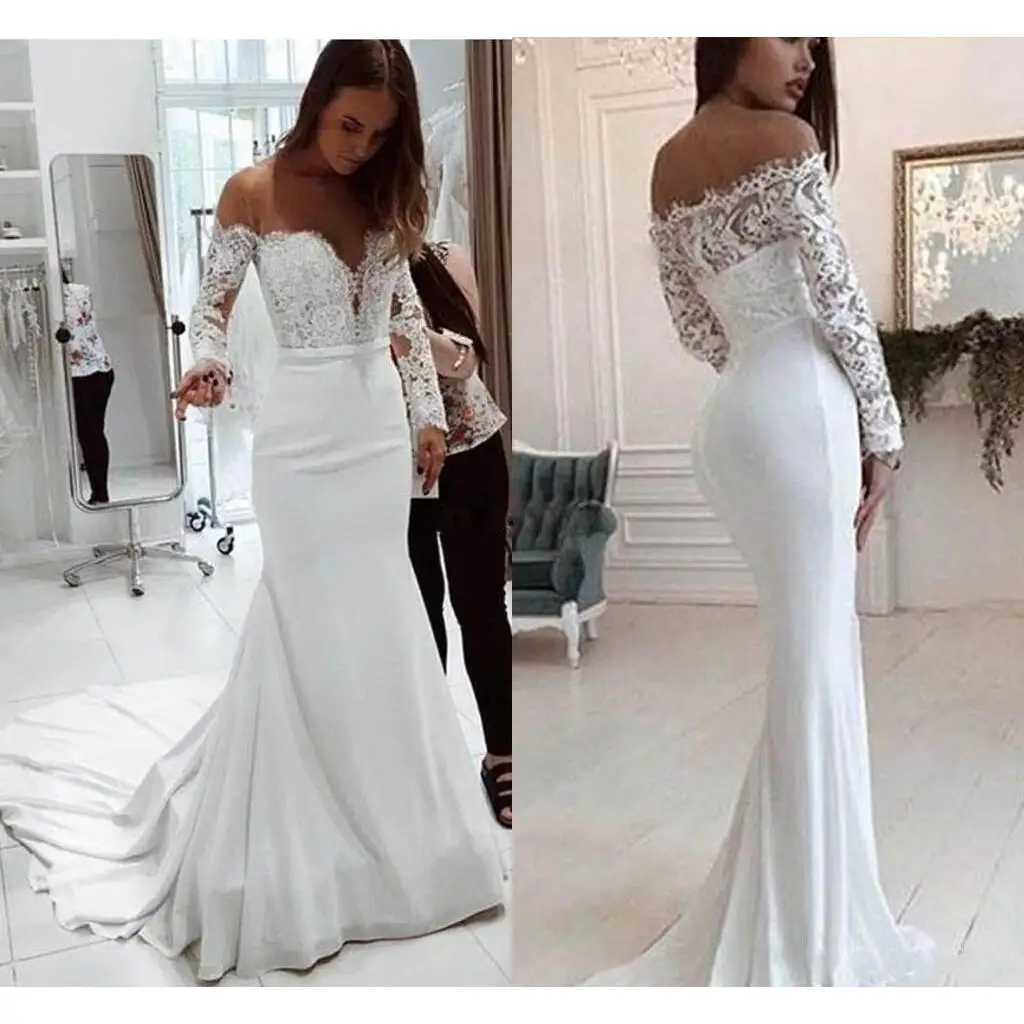 

New 2020 Autumn Women's One-oulder Lace Long-Sve Dr Floor-Length Wedding Dr Bal Gown Ele Chic Sle