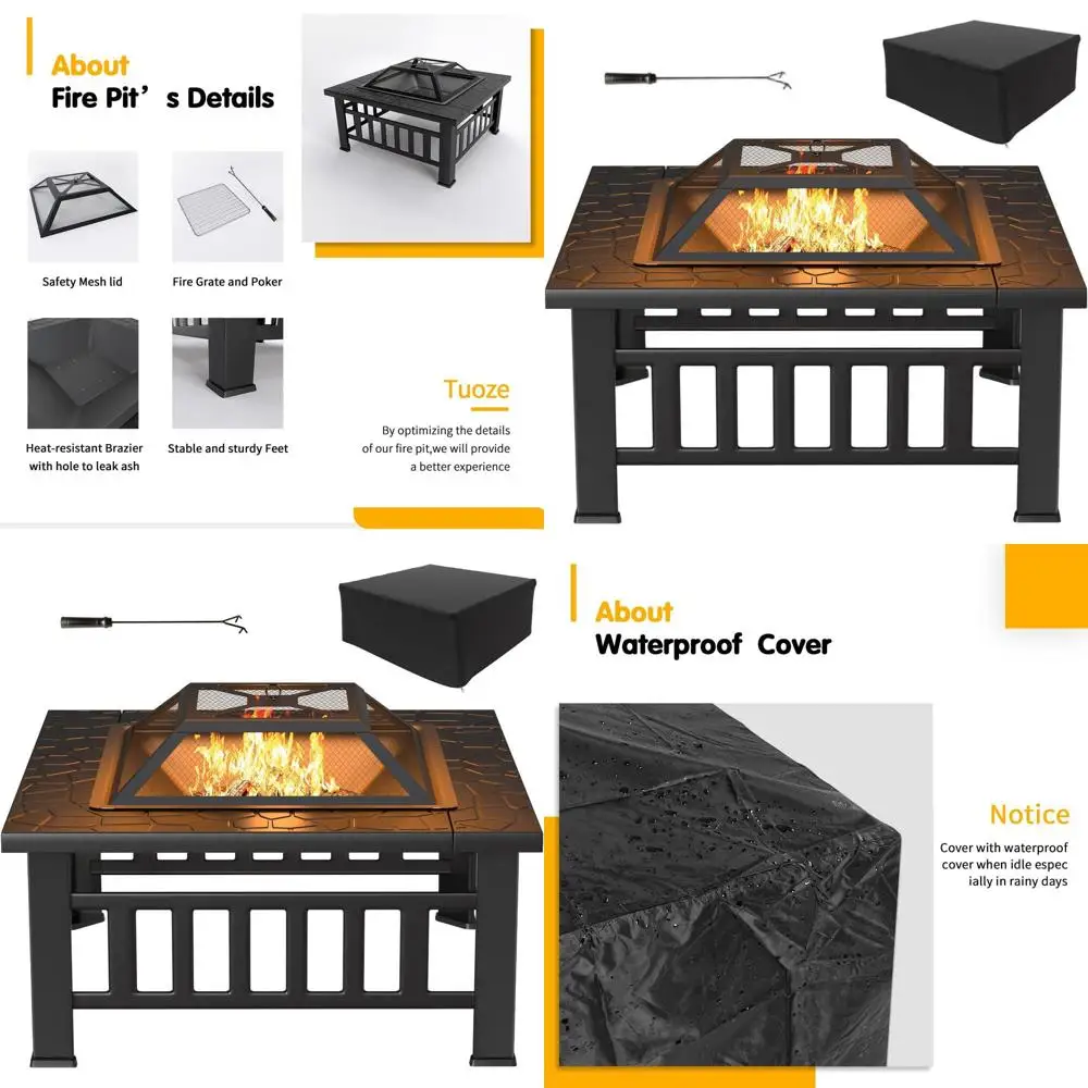 

32-дюймовый металлический стол-очаг для улицы с водонепроницаемым чехлом, идеально подходит для кемпинга, барбекю, пикников и обогрева сада