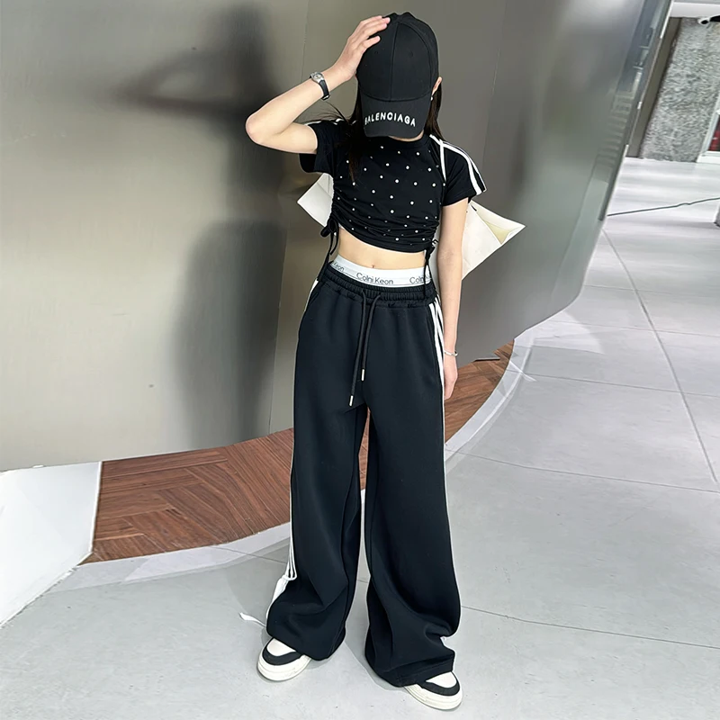 Korean High Girl\'s Fashion Set Black Hot Diamond T-shirt + Side Striped Pants Summer Set Kids Two Piece Suit Princess Clothing