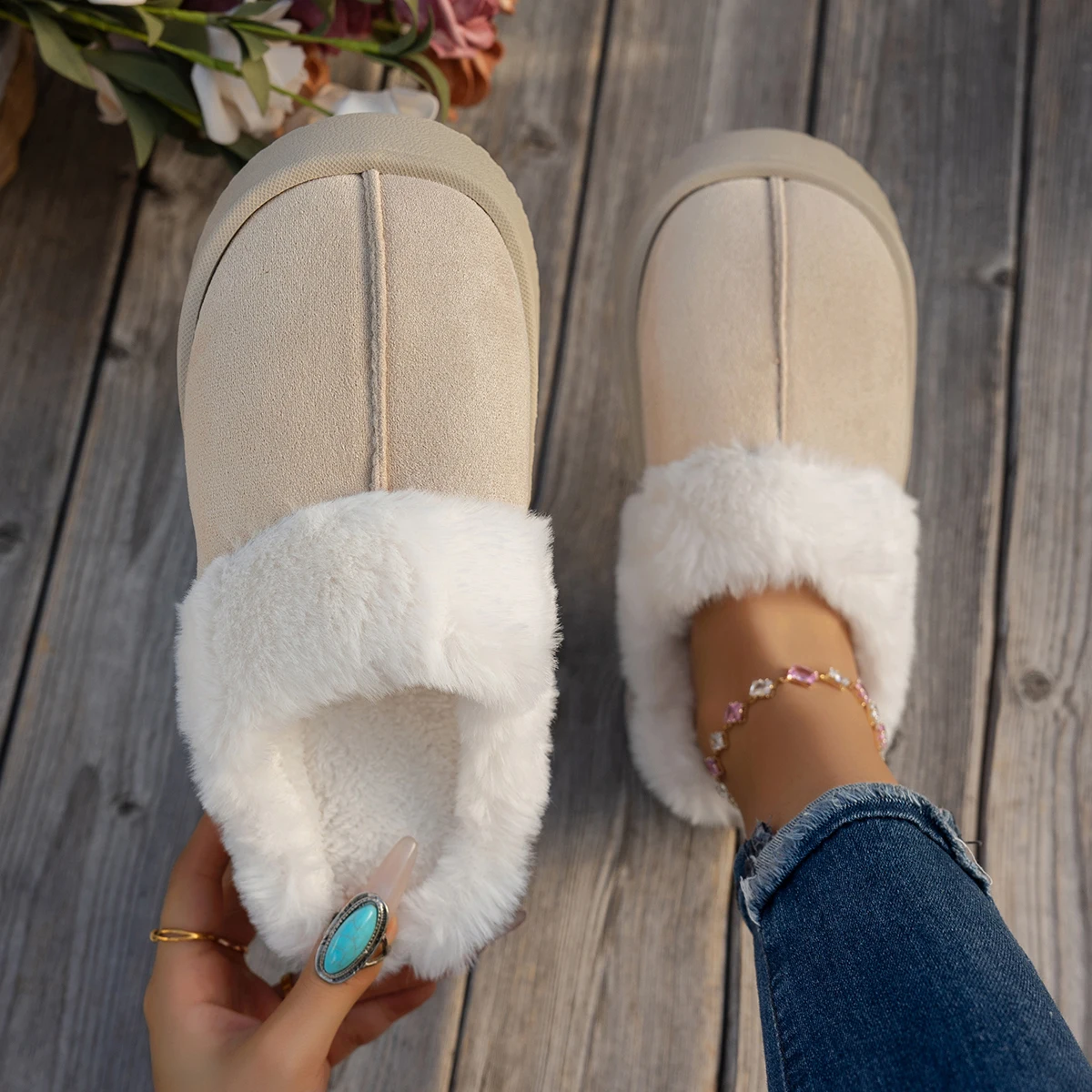 Women Fur Snow Boots Flat Anti-slip Fluffy Home Ankle Boots Woman Furry 2025 Winter Comfort Non Slip Indoor Floor Cotton Shoes