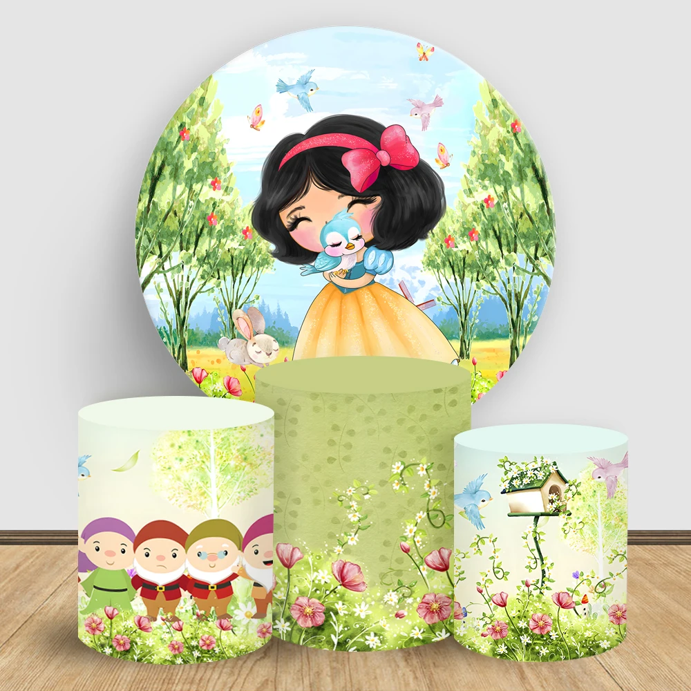 

Snow White cartoon Round Backdrop Disney princess Elastic Cylinder Cake Table Background Cover Baby girl Shower Party Decoration