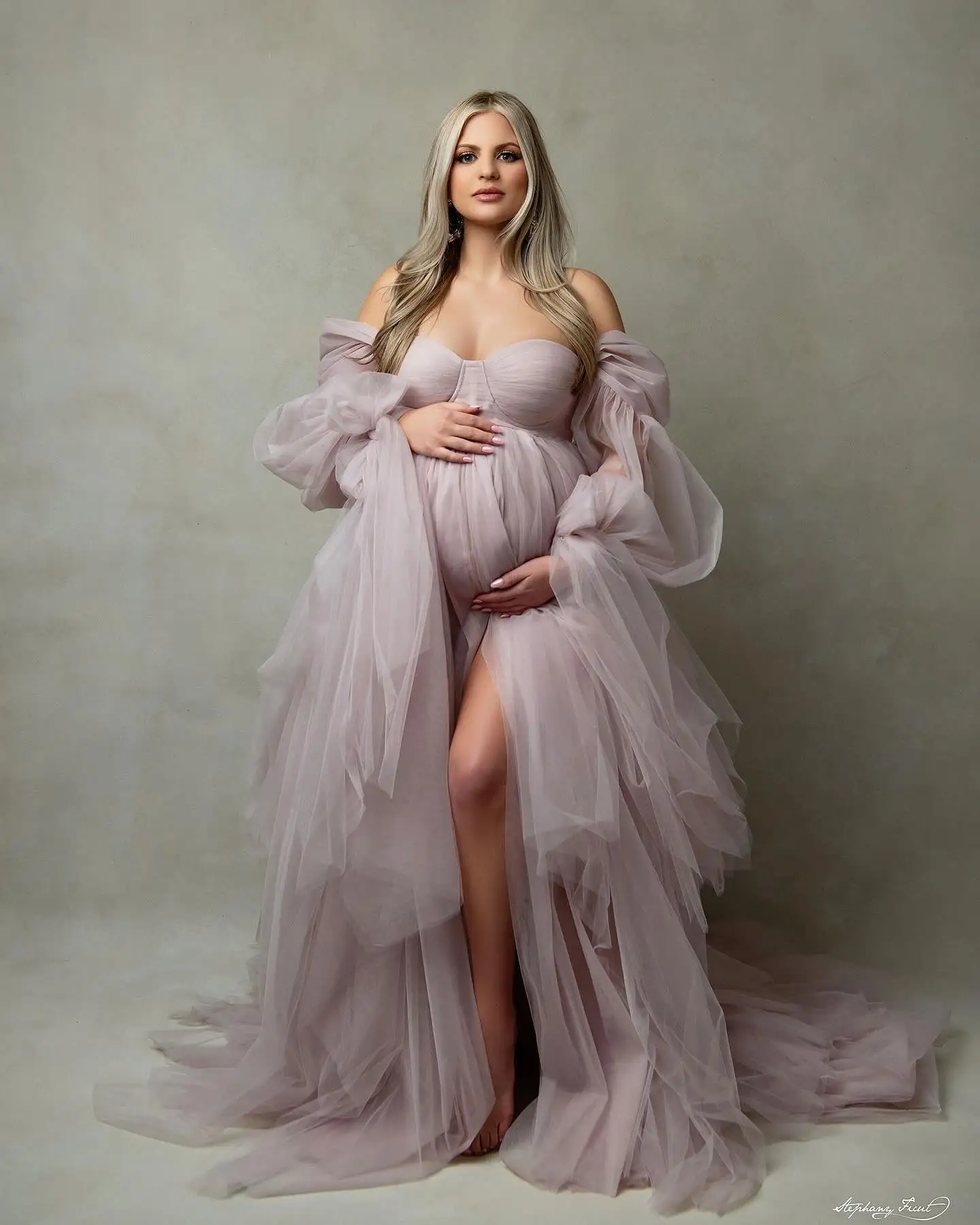 Warstwowe tiulowe suknie balowe z odkrytymi ramionami i pełnymi rękawami Suknia maxi z rozcięciem Boho Sukienka ciążowa na Baby Shower