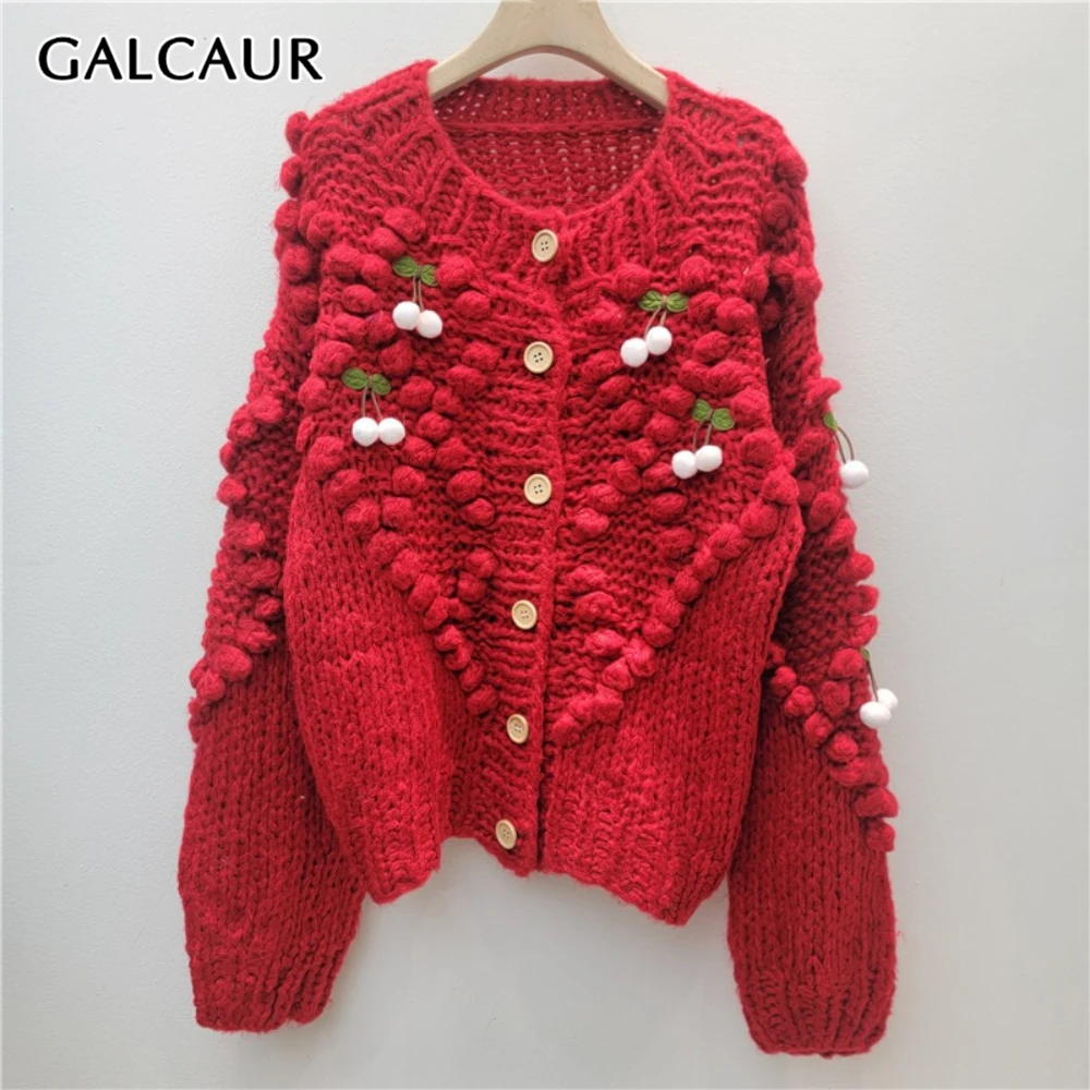 

GALCAUR Red Spliced 3D Cherrys Шикарная куртка женская с круглым вырезом и длинным рукавом Свободные французские милые женские куртки Осенний стиль Модная новинка