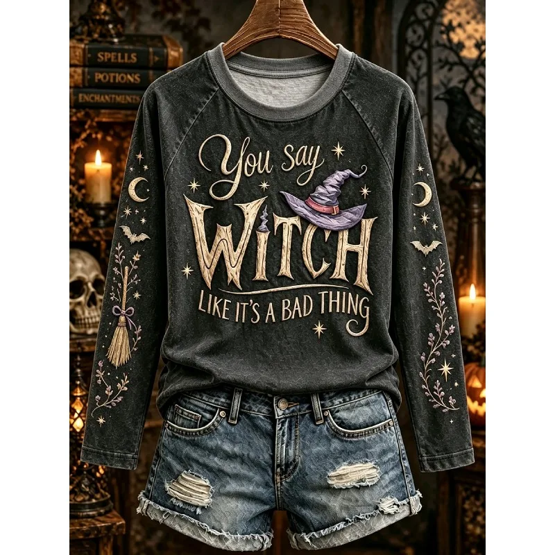 Halloween Long Sleeve Tee 3D Print Witch Broom Moon Bat Spooky Dead Tree Lantern Quote Graphic Vintage Casual Top for Family