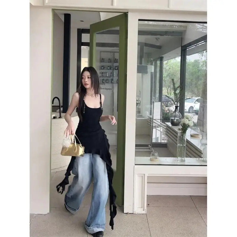 

Женская майка-топ из мягкой ткани для лета, черная, с асимметричными оборками, в американском стиле, с эффектом утяжки на талии