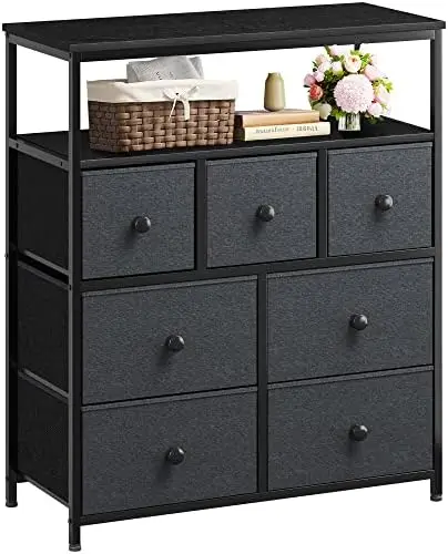 

Dresser for Bedroom with 7 Drawers and 2 Shelves, TV Stand Dresser with Wooden Top and Metal Frame, Tall Dressers & Chest of