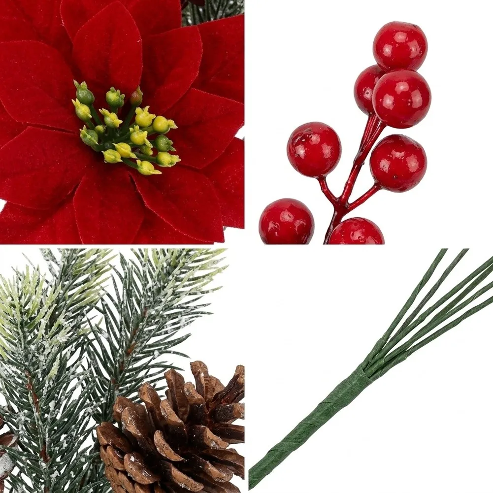 34cm Red Poinsettia Fake Flower Bouquet Featuring Bendable Stems Pine Needles and Pine Cones for Holiday Decor