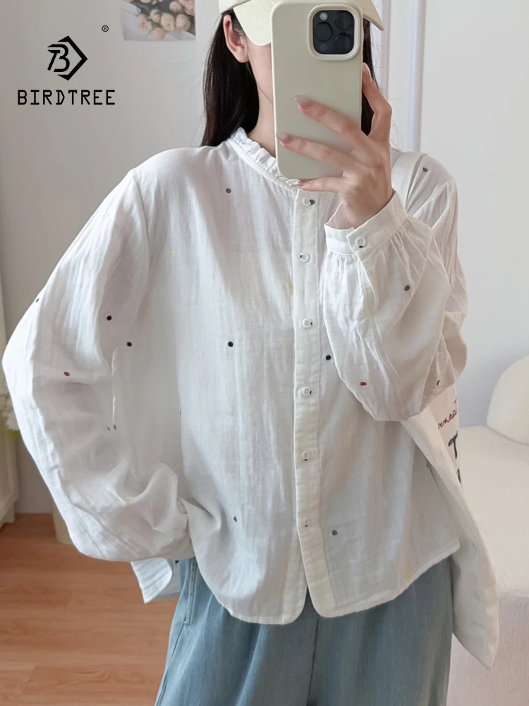 

New 2025 Autumn Cotton Yarn Long Sleeve Shirt, Women Stand Dot Print Ruffles, Mori Girl Versatile Commute Loose Blouse T59649CC
