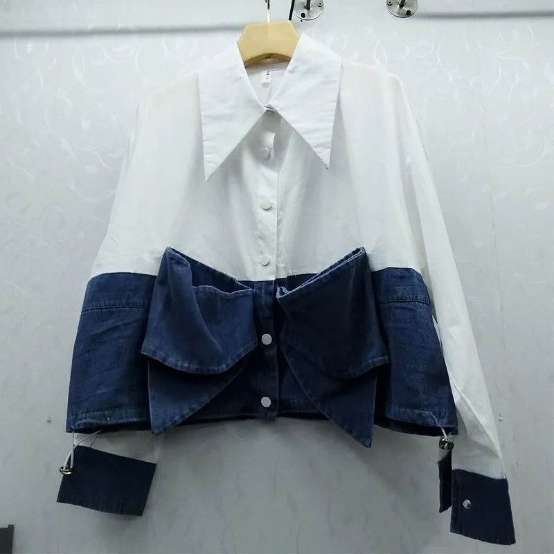 

Корейский модный дизайн, трехмерная джинсовая лоскутная рубашка с бантом и цветными блоками, свободная рубашка с длинными рукавами и шнурком для женщин
