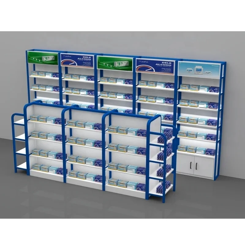 custom.High Quality Medical Showcase Medicine Racks Pharmacy Shop Counter Design Display Shelves Sale Modern Pharmacy