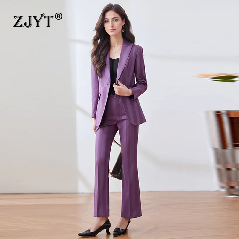 ZJYT Elegant Chic Women\'s Blazer Suit Trousers 2 Piece Matching Set Autumn Striped Jacket Coat Pant Sets Office Lady Outfit XXXL