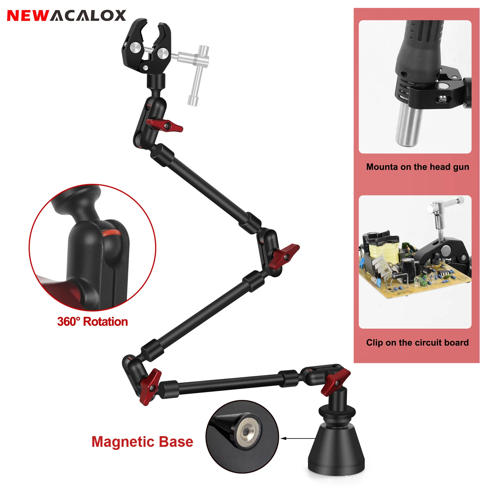 NEWACALOX Magnetic Soldering Helping Hands Third Hand Solder Rework Tool Flexible Arm 360° Rotating Heat Gun Holder Magic Hand