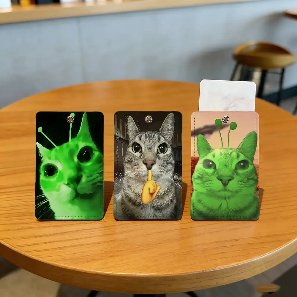 Green Alien Cat Funny l School rectangular keychain Bus house access card protective cover PU leather ID Best sellers