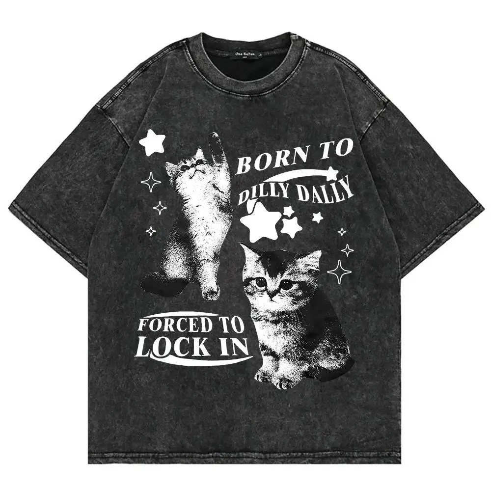 Y2k Funny Cat Meme T Shirt Vintage Washed Fashion Aesthetic Graphic Print Tops Oversize Casual Loose Acid Wash T Shirts Unisex