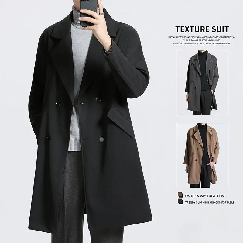 

Новое мужское длинное шерстяное пальто выше колена 2026 года, свободное зимнее двубортное пальто-костюм, модная корейская верхняя одежда из полиэфирного волокна