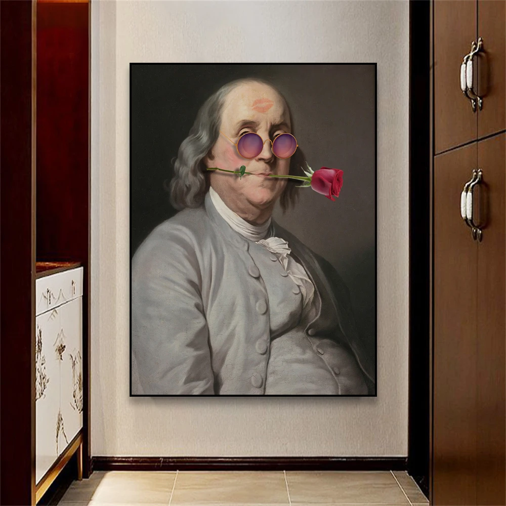 Vintage Benjamin Franklin Altered Portrait Poster Funny Wall Art Prints Rococo Classical Oil Painting Home Decor Canvas Painting