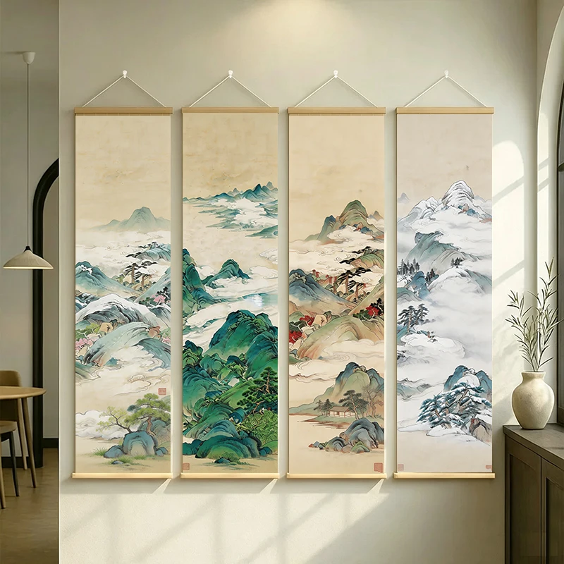Chinese Seasonal Landscape Canvas Scroll Set Misty Mountains Pine Trees and Snow for Wellness Lounge and Meditation Studio