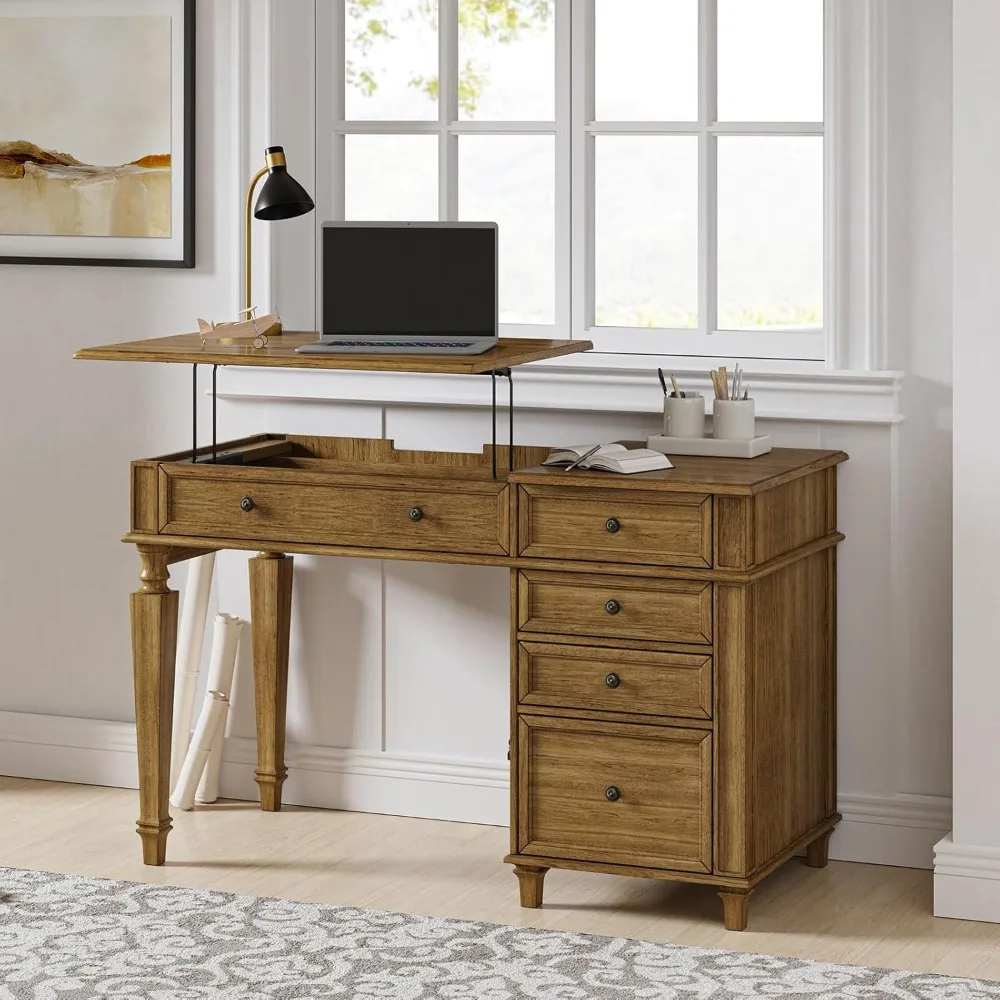 

Farmhouse Desk with Drawers, Home Office Desk Desktop Riser, USB Port, Adjustment Legs（Acorn