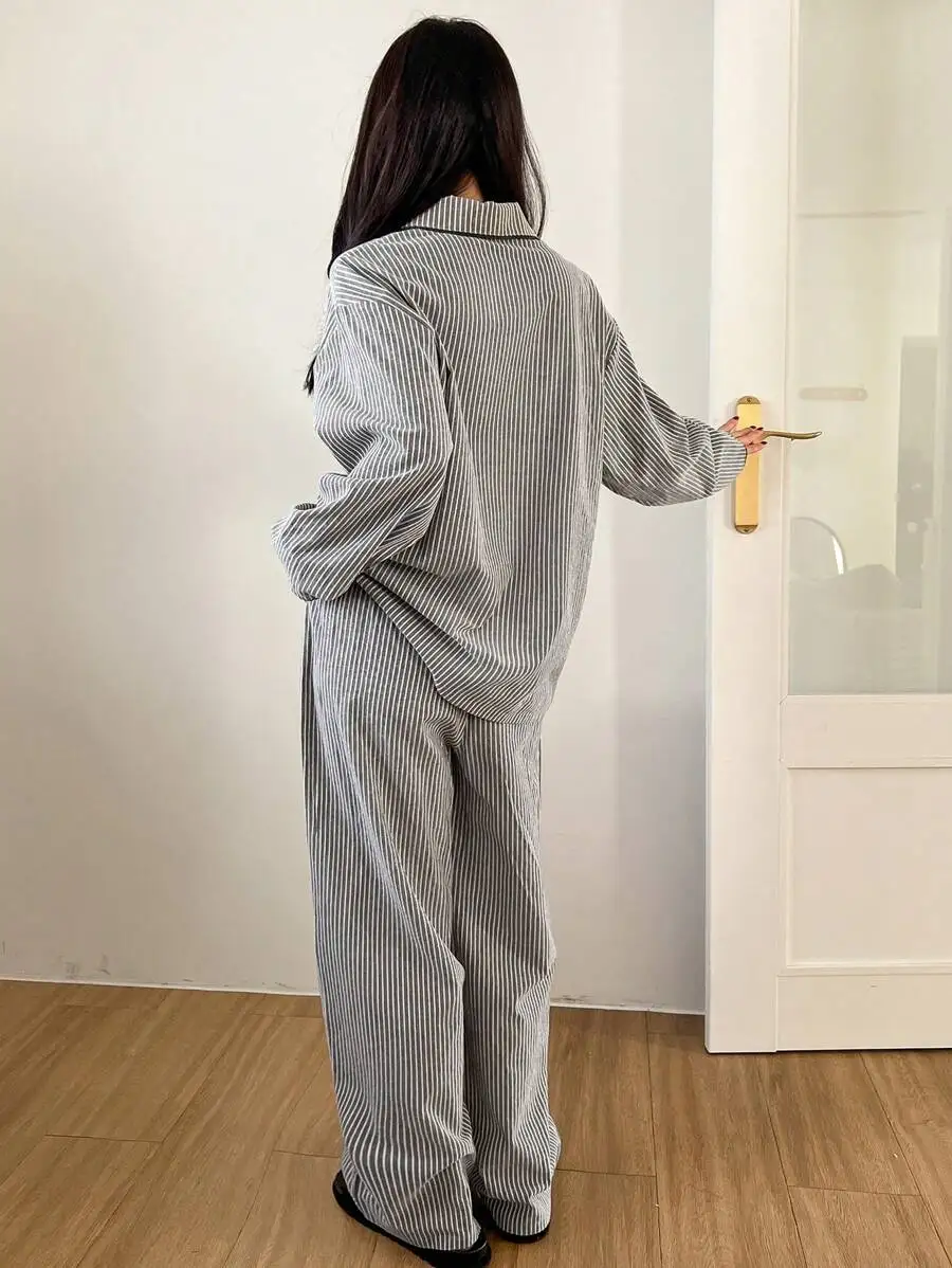Striped Half-Button Wavy Trim Loungewear Set Cozy Pajama Sleepwear Fall Winter