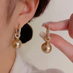 Korean new fashion jewelry 14K gold plated zircon Champagne pearl pendant earrings elegant women's evening party accessories