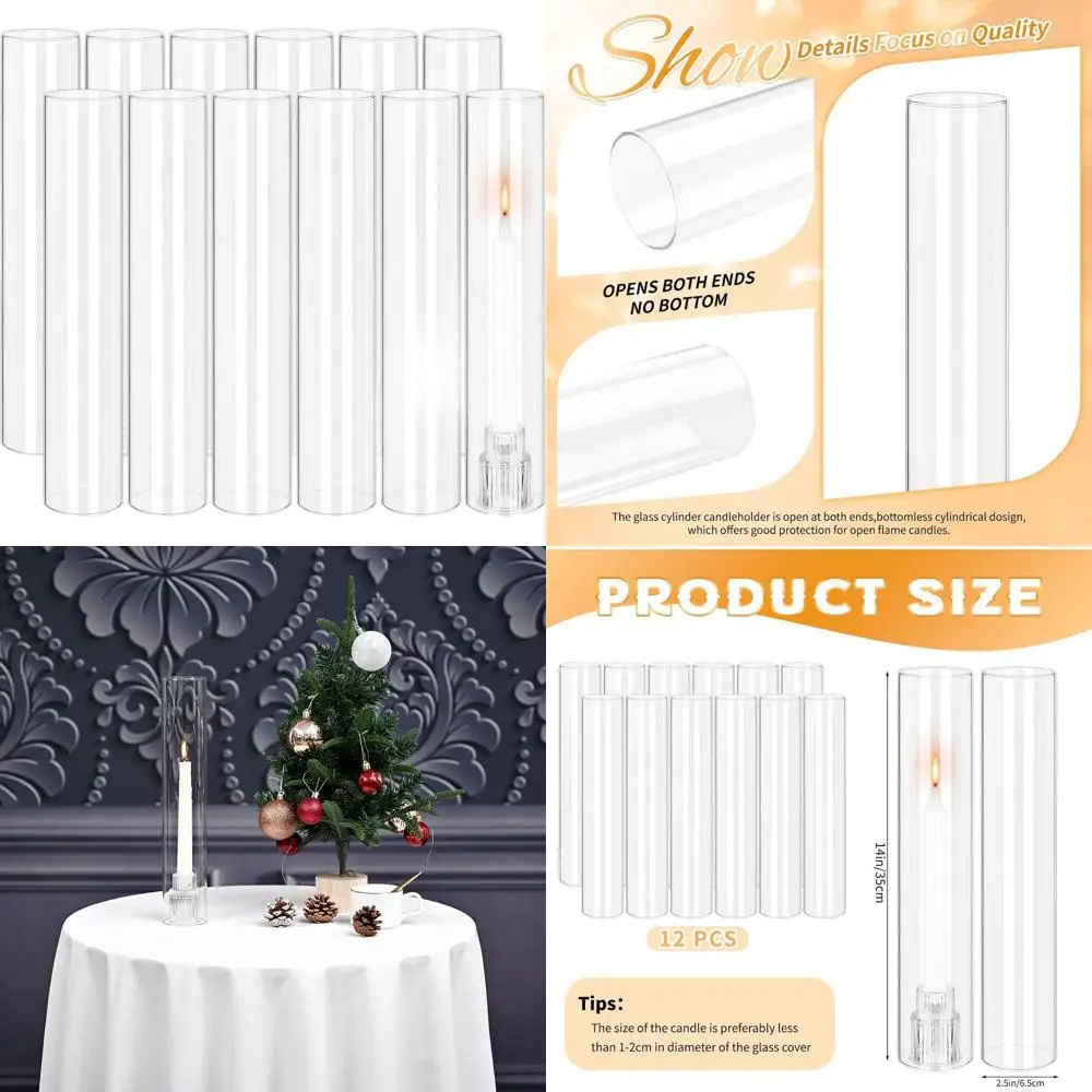 

Set of 12 Clear Glass Hurricane Candle Holders, 2.5 Wide x 14 Tall Open-Ended Cylinder, Bottomless Design for Open Flame Candles