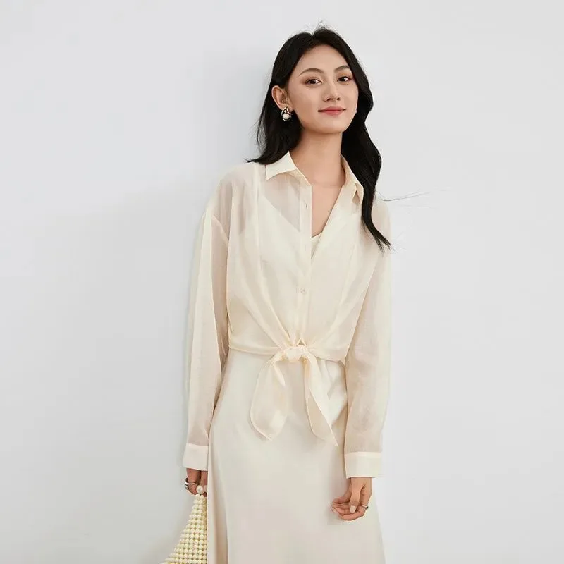 

Autumn Korean Style Simple Thin Loose Strapped Long-sleeved Lapel Shirt Solid Color Button Versatile Top