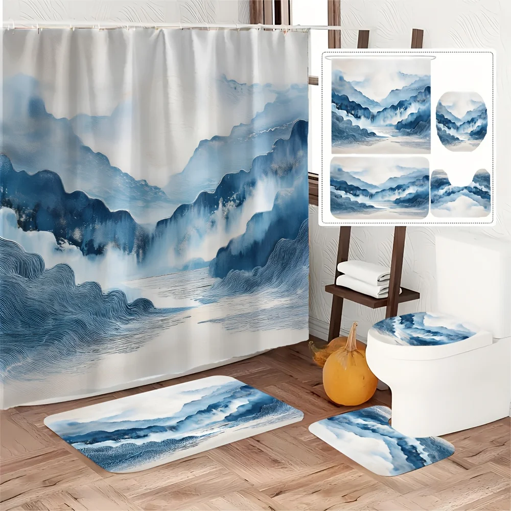 

4pc Blue abstract mountain pattern bathroom set, shower curtain, bathroom mat, U-shaped mat, and toilet mat.