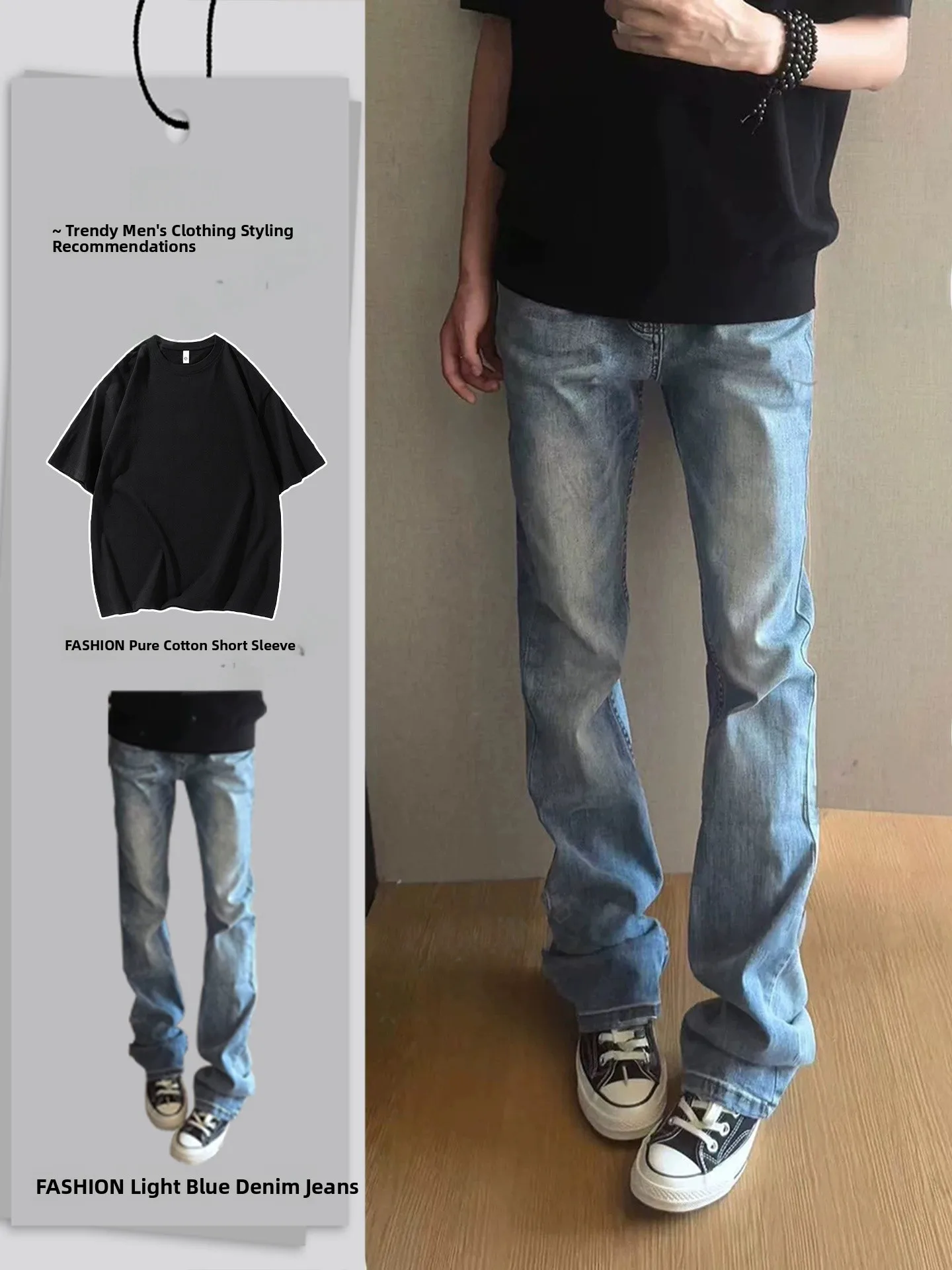 

Slim Fit Blue Jeans American High Street Sle Knife Bootcut Pants Men's Faion Set Two Piece Suite Youth Summer Wear