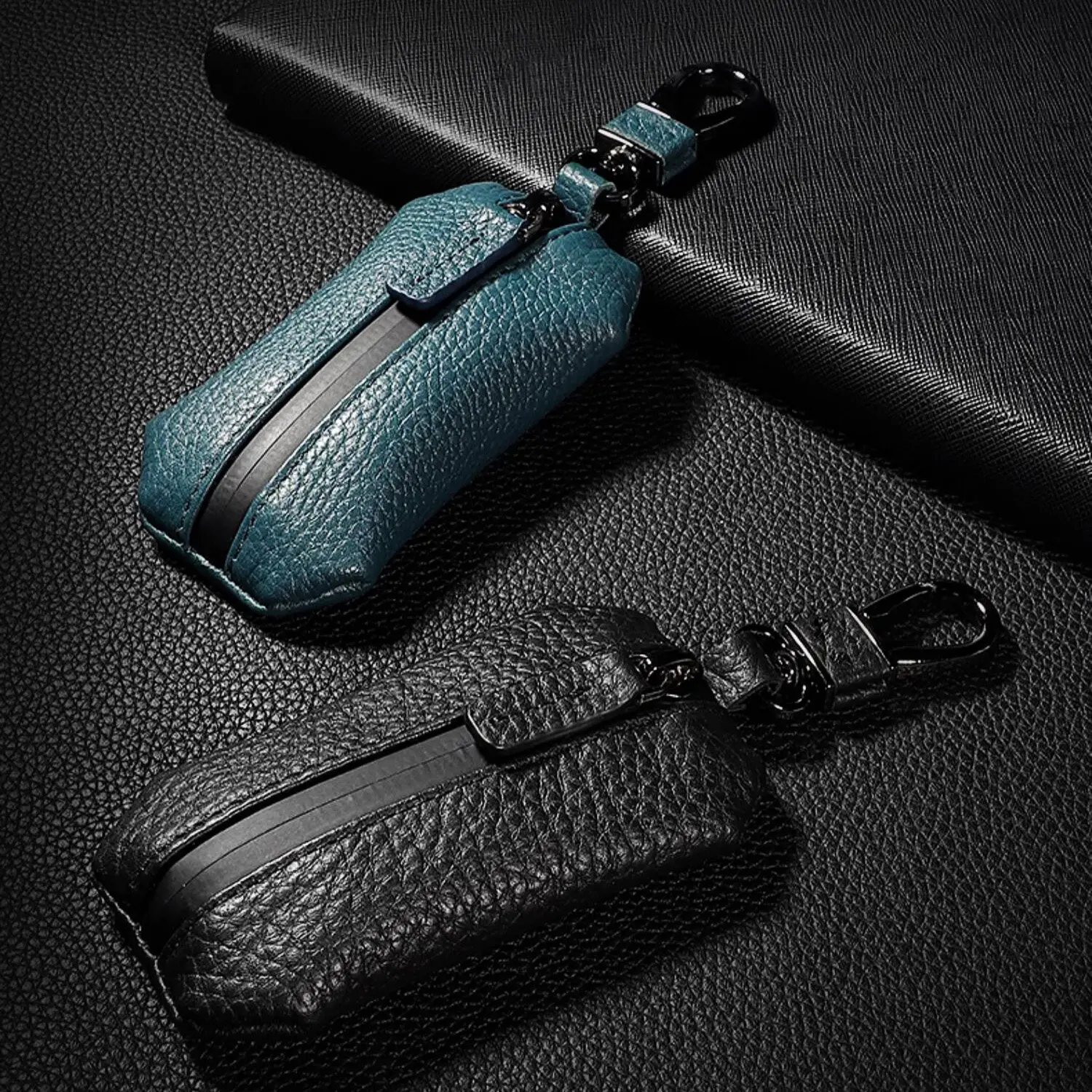 Genuine Leather Zipper Car Smart Remote Control Lock Key Holders Keychain Mens Slim Carkey Housekeeper Zip Waterproof Small Bag