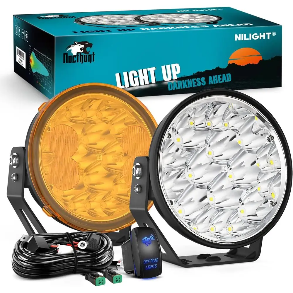 

7 Inch 90W LED Hyper Spot Beam Offroad Lights with Yellow & Black Covers, 2-Pack, 14 AWG Wiring Kit for Jeep, Truck, ATV, UTV, S