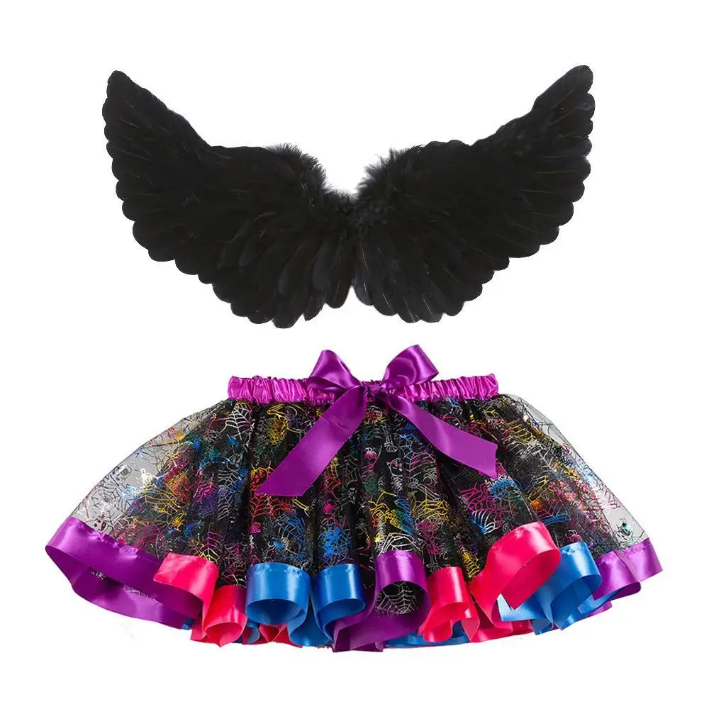 Halloween Kinder Tule Rok met Veren Vleugels Print Netto f Rok Bla Tweedelige Set Cartoon PU Materiaal Lente seizoen