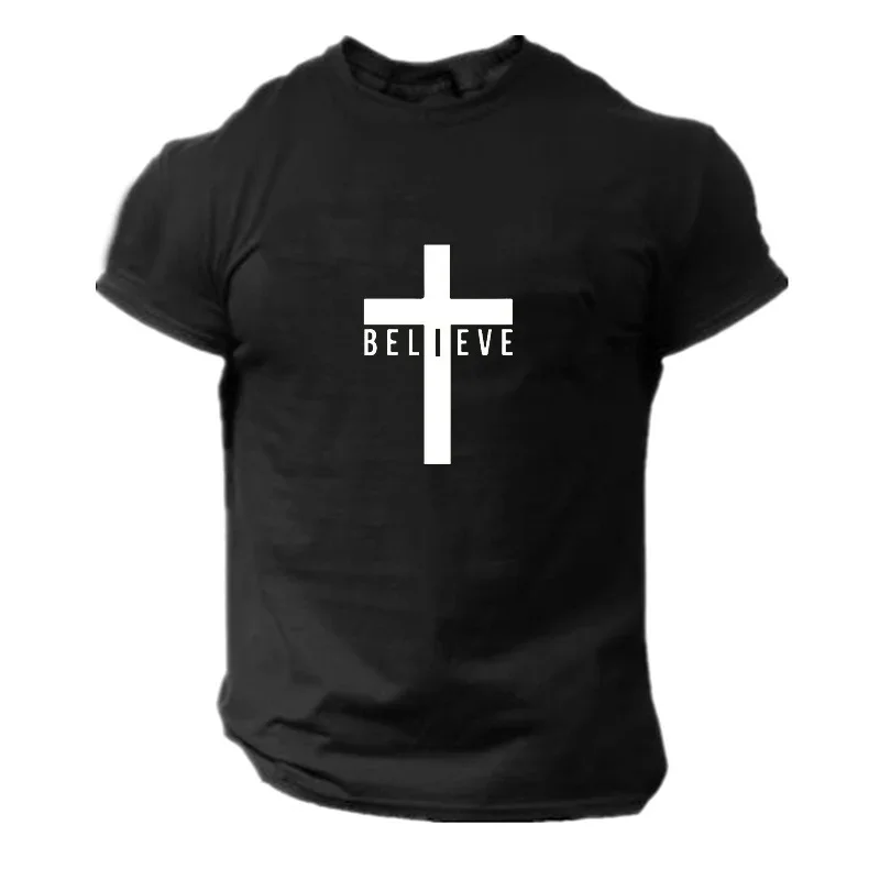 Men\'s Fashion I Believe in God Cross Christian 3D Printing T-Shirt Casual Round Neck Jesus Short Sleeve T-Shirts Quick Dry Cloth