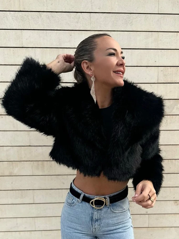 معاطف فرو الثعلب الصناعي سترات نسائية قصيرة بياقة مقلوبة وأكمام طويلة وغرزة مفتوحة وفضفاضة وسميكة للشتاء غير الرسمي
