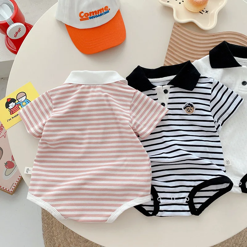 Summer Newborn Baby Boy Clothes Short Sleeve Turn Down Collar Striped Romper Jumpsuit Outfits One-Pieces Suit 0-24M